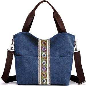 Women's Canvas Large Tote Bag Embroidered Shoulder Bag Multi Pocket Crossbody Ba